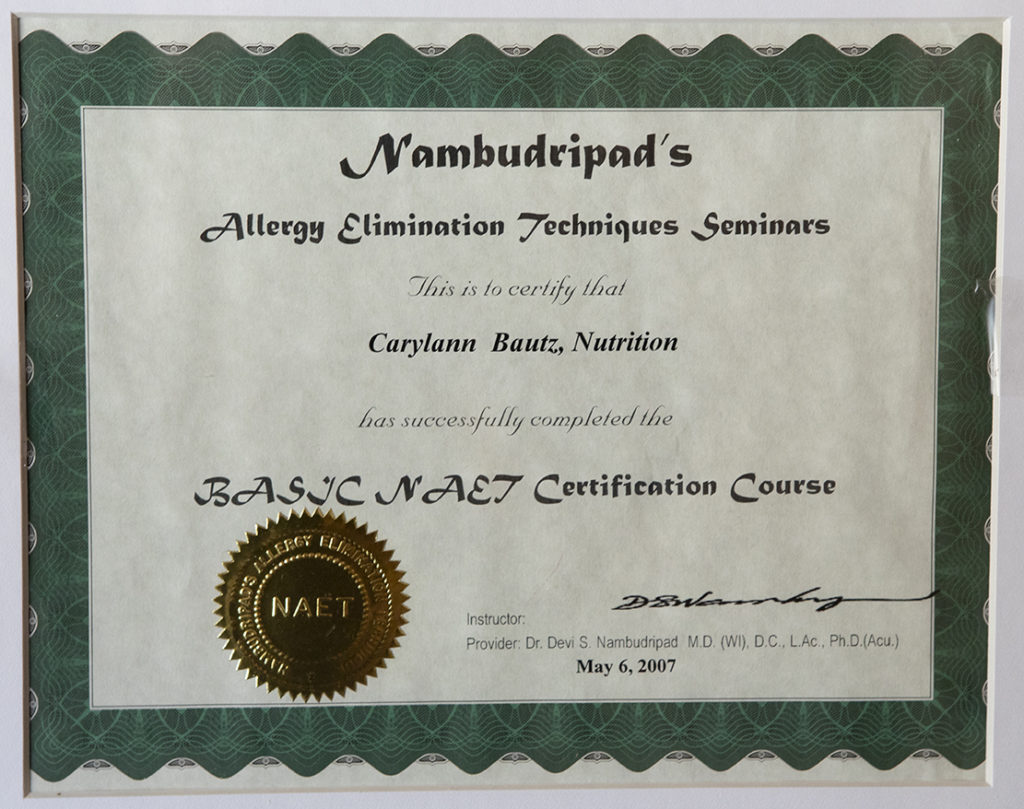 NAET Allergy Elimination certificate of course completion awarded to Carylann Bautz on May 6, 2007