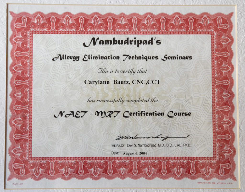 NAET Allergy Elimination certificate of course completion awarded to Carylann Bautz on August 6, 2004