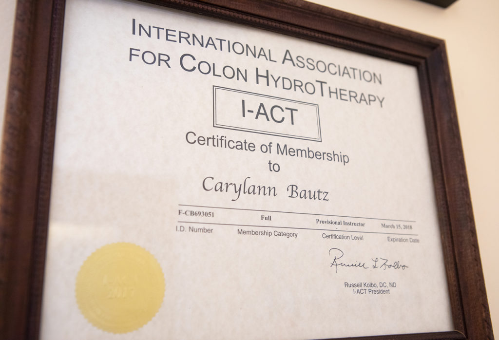 Carylann Bautz's Certificate of Membership from the International Association for Colon HydroTherapy March 15, 2018