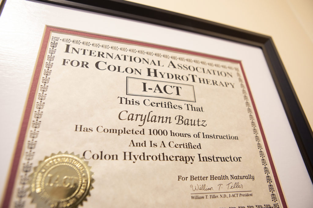 Certificate from the International Association for Colon HydroTherapy recognizing Carylann Bautz for completing 1000 hours of Instruction as a Certified Colon Hydrotherapy Instructor