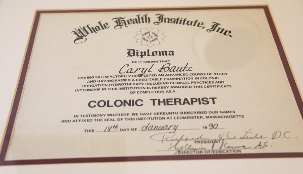 Diploma from Whole Health Institute, Inc. awarded to Carylann Bautz for Colonic Therapy on January 18, 1990