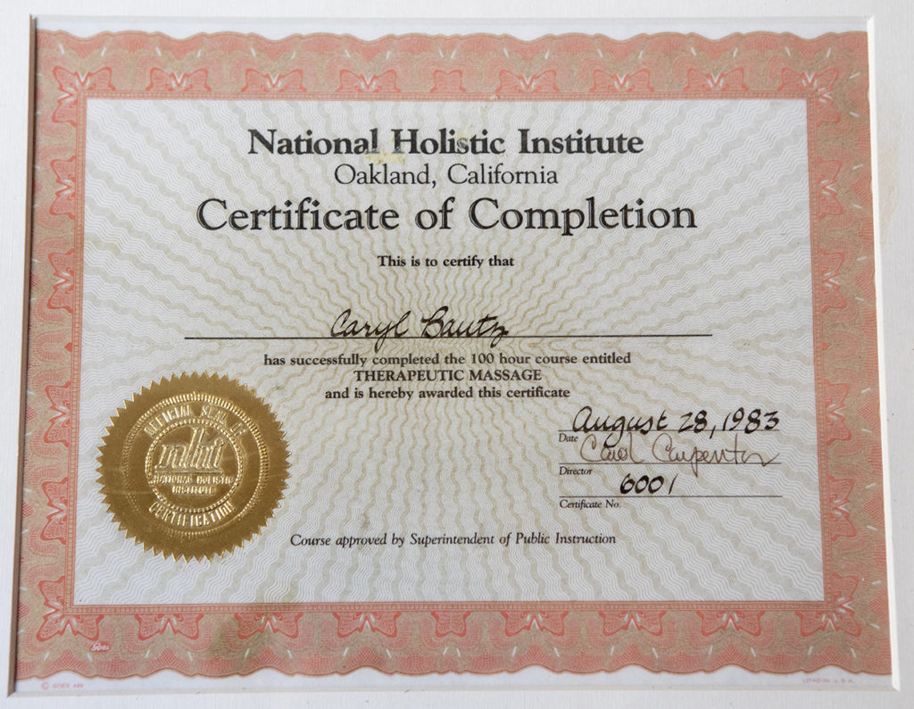 National Holistic Institute Certificate of Completion awarded to Carylann Bautz for Therapeutic Massage