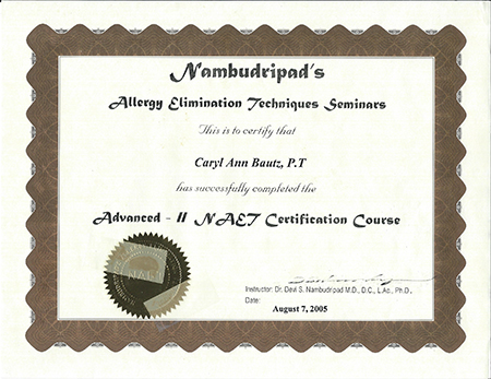 NAET certificate to Caryl Ann Bautz, P.T. Advanced II NAET Certification Course 2005