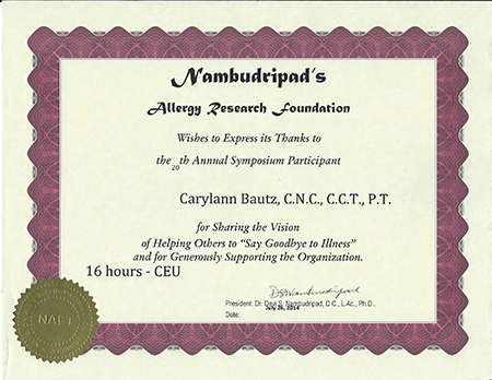 2014 NAET certificate to Carylann Bautz, C.N.C., C.C.T., P.T. 20th Annual Symposium Participant