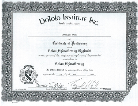 Carylann Bautz certificate of proficiency from DoToLo Institute Inc. Colon Hydrotherapy Hygienist