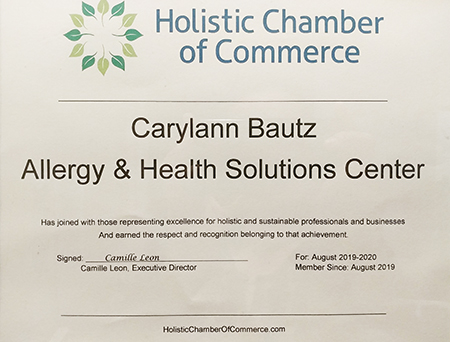 Carylann Bautz Allergy & Health Solutions Center certificate from Holistic Chamber of Commerce 2020