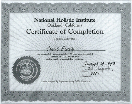 Caryl Bautz Certificate of Completion from National Holistic Institute Oakland, California 1983