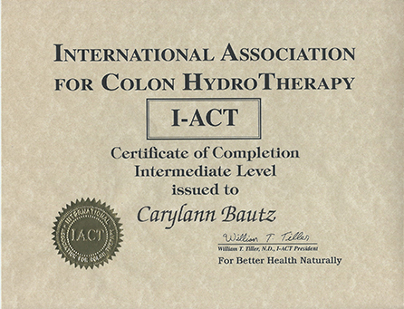 Carylann Bautz certificate of Completion Intermediate Level from International Association for Colon HydroTherapy