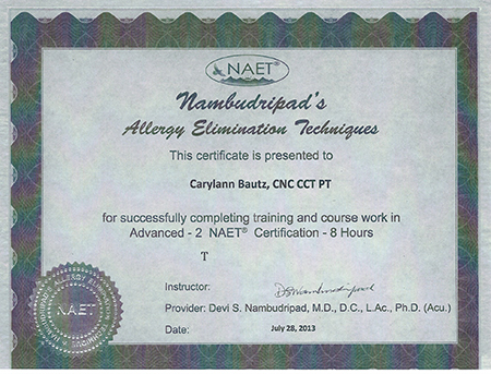NAET certificate to Carylann Bautz, CNC, CCT, PT Advanced 2 NAET Certification 8 Hours