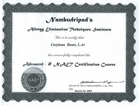 NAET certificate to Caryl Ann Bautz, L.Ac Advanced II NAET Certification Course 2003