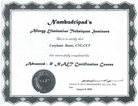 NAET certificate to Carylann Bautz, CNC, CCT Advanced II NAET Certification Course 2004