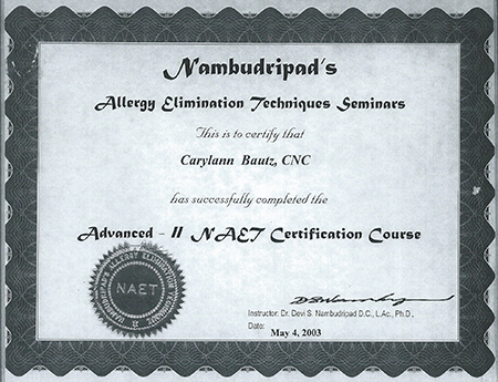 NAET certificate to Carylann Bautz, CNC Advanced II NAET Certification Course 2003