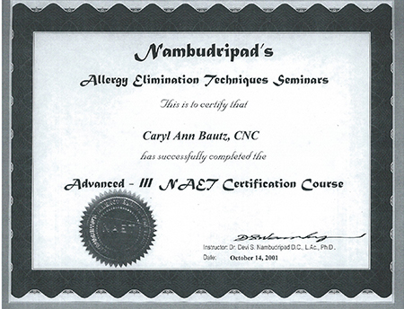 NAET certificate to Carylann Bautz, CNC Advanced II NAET Certification Course 2001