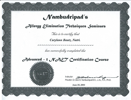 NAET certificate to Carylann Bautz, Nutri. Advanced 1 NAET Certification Course 2000