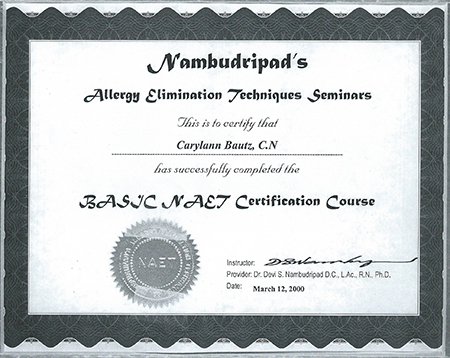 NAET certificate to Caryl Ann Bautz, C.N. Basic NAET Certification Course 2000
