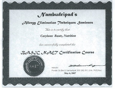 NAET certificate to Caryl Ann Bautz, Nutrition Basic NAET Certification Course 2007