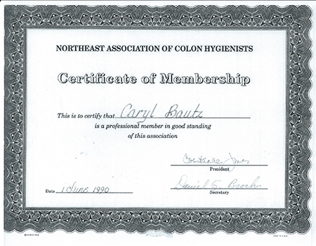 Caryl Bautz certificate of Membership Northeast Association of Colon Hygienist