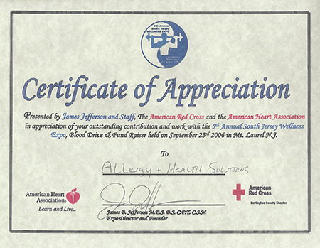 Allergy & Health Solutions Center Certificate of Appreciation from the American Red Cross and the American Heart Association 2006
