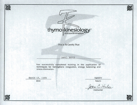 Caryl Bautz certificate for completing training in Thymo Kinesiology 1984