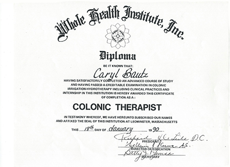 Caryl Bautz diploma from Whole Health Institute, Inc. for Colonic Therapist
