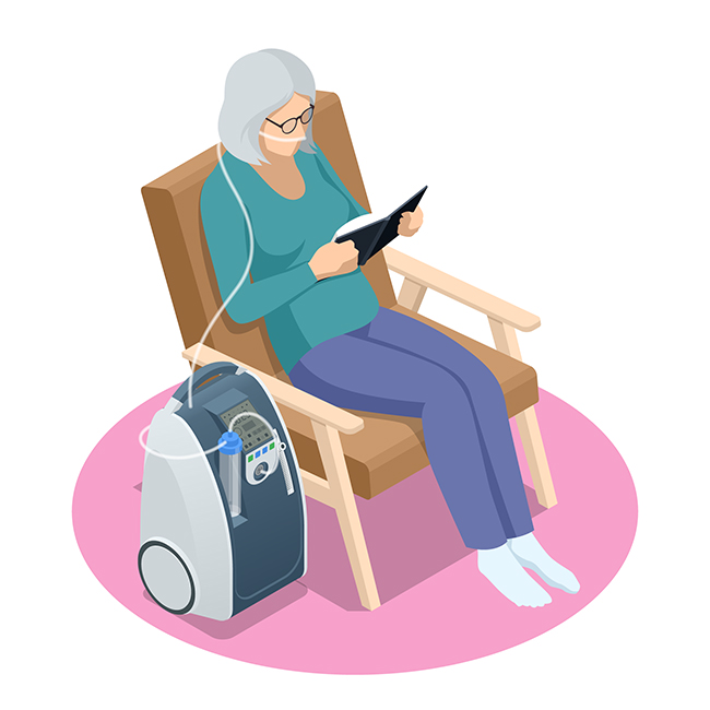 illustration woman sitting reading with oxygen machine